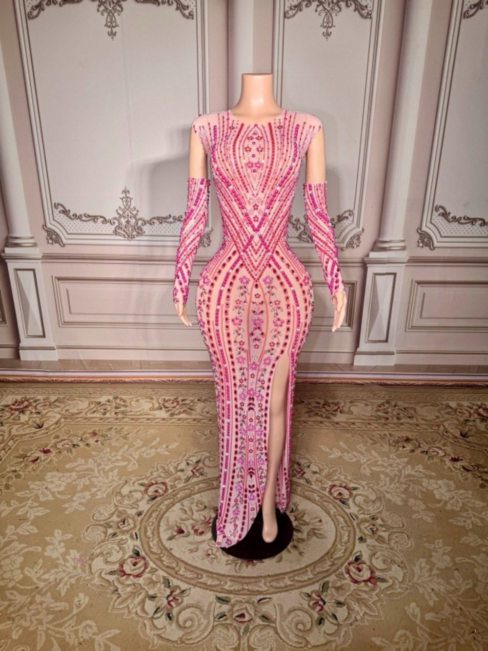 Nude Mesh Pink Crystal Embellished Gown with Sleeves & Slit